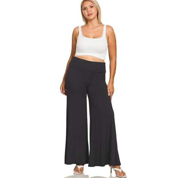 Zenana Full Size Fold Over Waist Comfy Wide Leg Pants Plus Size - Picture 1 of 3